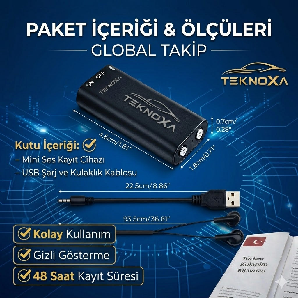 Teknoxa  Mini Dijital Ses Kayıt Cihazı  32GB – 48 Saat Kesintisiz Kayıt, Taşınabilir