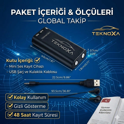 Teknoxa  Mini Dijital Ses Kayıt Cihazı  32GB – 48 Saat Kesintisiz Kayıt, Taşınabilir